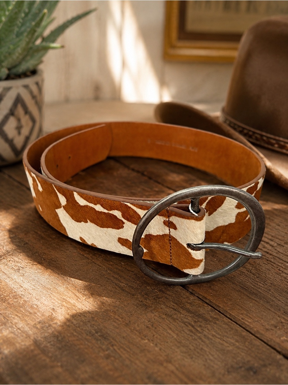Cowhide-Pattern Leather Belt with Antiqued Oval Buckle — Brown and White